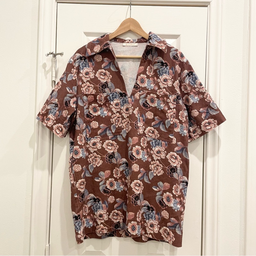 Olivaceous Burgundy Maroon Floral Denim Shift Dress, Small